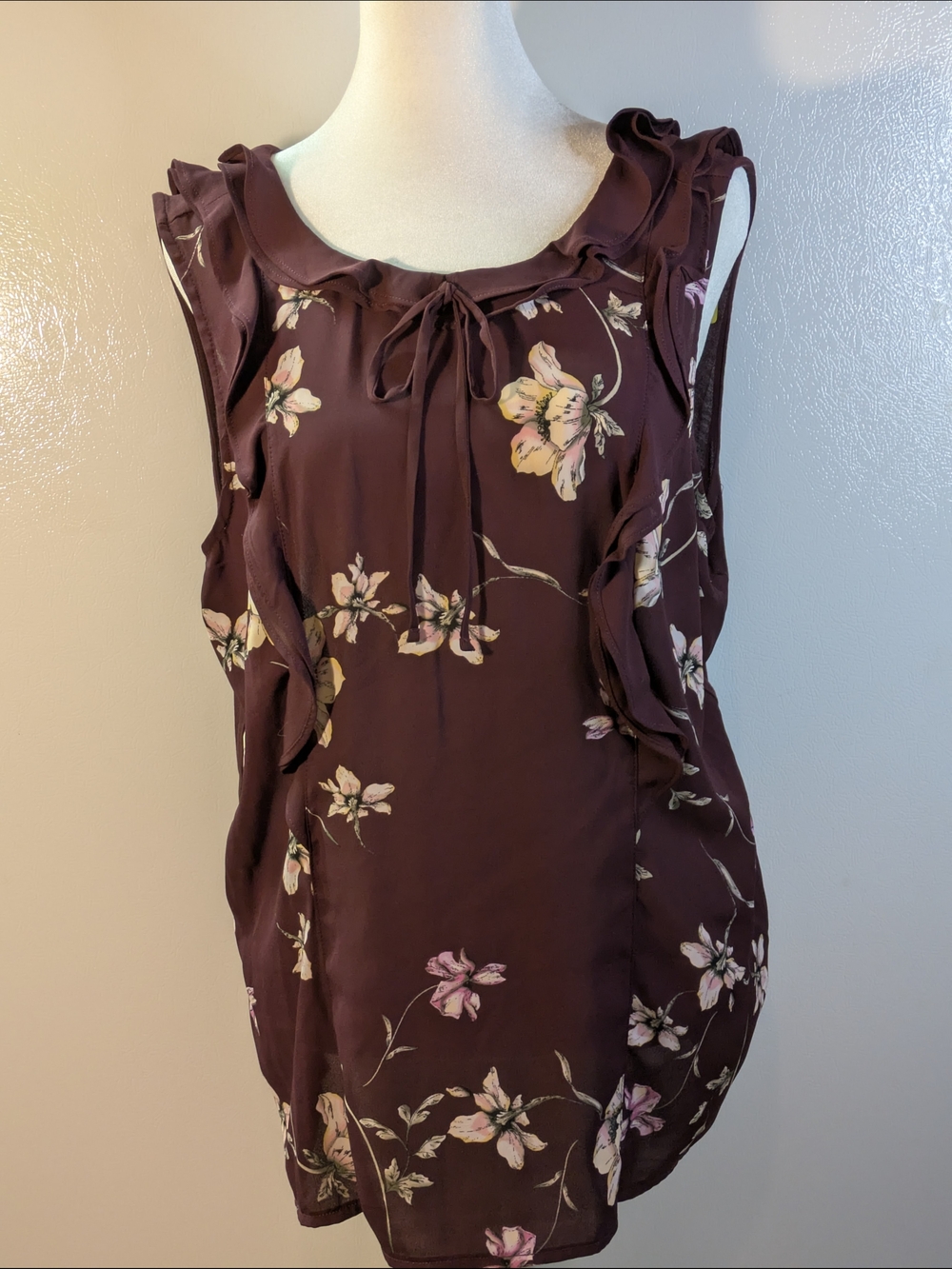 Lauren Conrad Floral Ruffle Tie-Neck Sleeveless Top - Plum